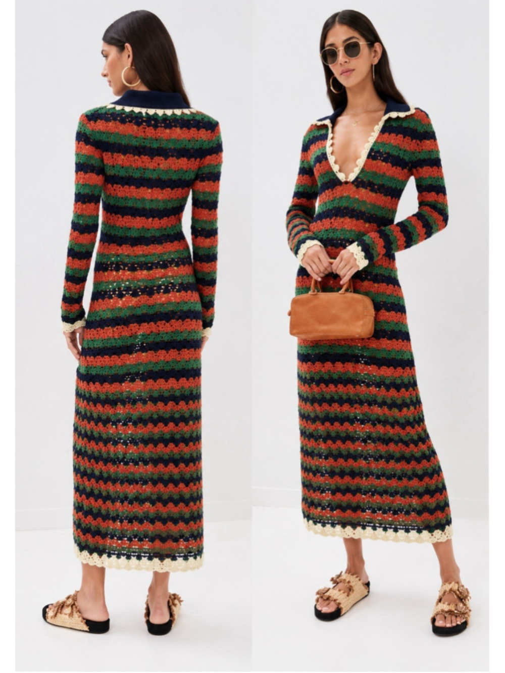LA DOUBLEJ Perry Stripe Crochet Knit V Neck Maxi Dress L Collar Scallop Resort